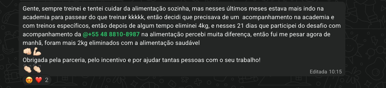 Print de depoimento de uma diva do Modofit Club no WhatsApp