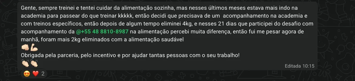Print de depoimento de uma diva do Modofit Club no WhatsApp