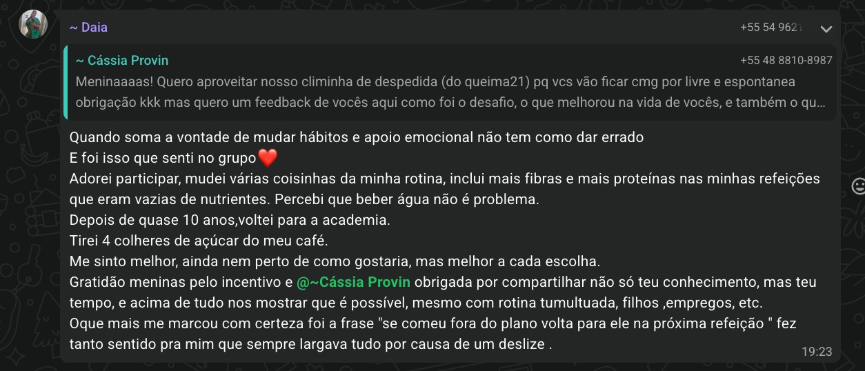 Print de depoimento da Daia, diva do Modofit Club, no WhatsApp
