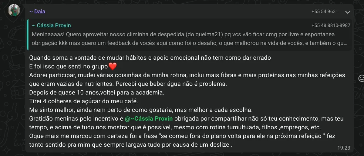 Print de depoimento da Daia, diva do Modofit Club, no WhatsApp